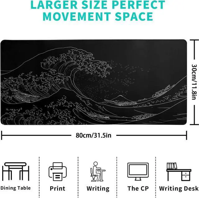 Alt view image 4 of 7 - Japanese Sea Wave Large Mouse Pad Anime Black Gaming Mouse Pad Extended Kanagawa Mouse Mat Desk Pad 3mm Thick Long Non-Slip Rubber Base Mice Pad 31.5 X 11.8 Inch