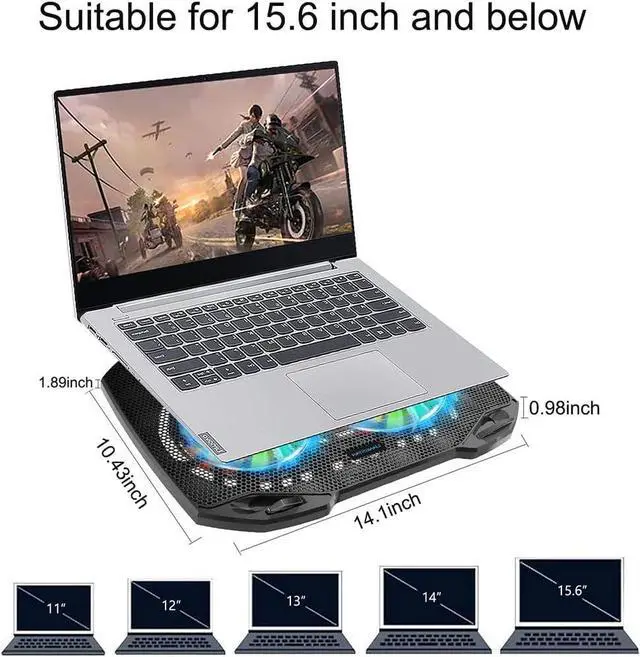 Alt view image 6 of 6 - Laptop Cooling Pad Gaming Laptop Cooler with 2 Quiet Big Fans RGB 7 Color Light Change Portable USB Laptop Stand 11 to 15.6 Inch Slim and Easy Carry Working Study Outdoor Travel 2020