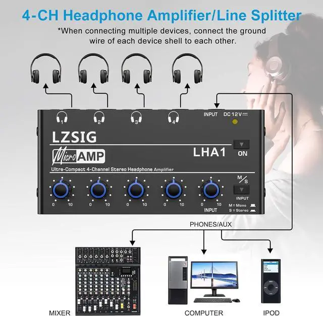 Alt view image 3 of 6 - Headphone Amplifier 4 Channel Metal Stereo Audio Amplifier Mini Earphone Splitter with Power Adapter 1/4 & 1/8 TRS Headphones Output and TRS Audio Input for Sound Mixer DC 12V-LHA1