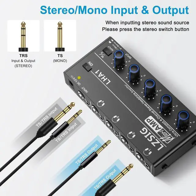 Alt view image 4 of 6 - Headphone Amplifier 4 Channel Metal Stereo Audio Amplifier Mini Earphone Splitter with Power Adapter 1/4 & 1/8 TRS Headphones Output and TRS Audio Input for Sound Mixer DC 12V-LHA1