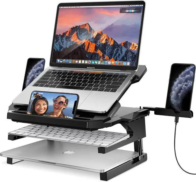 Main image of Laptop Stand 20 Angles Two-Layer Height Adjustable Laptop Stands Portable Laptop Riser with 360 Rotating Base Storage Space & Extra Phone Holders Compatible with 10-17 Laptops Black