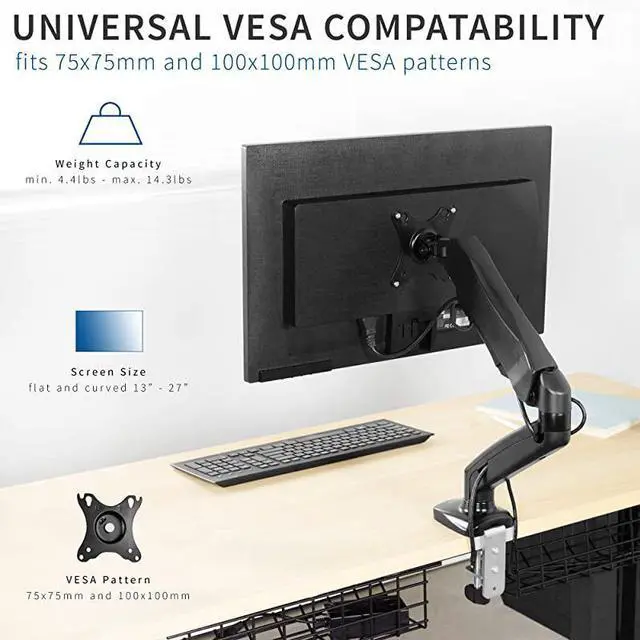 Alt view image 3 of 7 - forHeight Adjustable Monitor Arm Single Counterbalance Desk Mount for Screens up to 27 inches Fully Articulating Black Pneumatic Universal VESA Stand STANDV001O