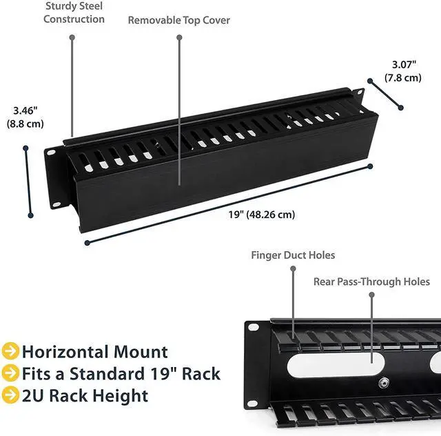 Alt view image 2 of 3 - Horizontal 2U Server Rack Cable Management Finger Duct w/ Cover - 19" Network Rack Wire Duct Raceway Panel - Slotted Wire Duct (CMDUCT2U),Bla