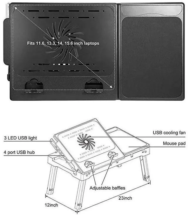 Alt view image 3 of 7 - Laptop Table for Bed-Multi-Functional Laptop Bed Table Tray with Internal Cooling Fan & 2 Independent Laptop Stands-Foldable & 3 Different Height Laptop Desk-LED Lamp-4 Port USB