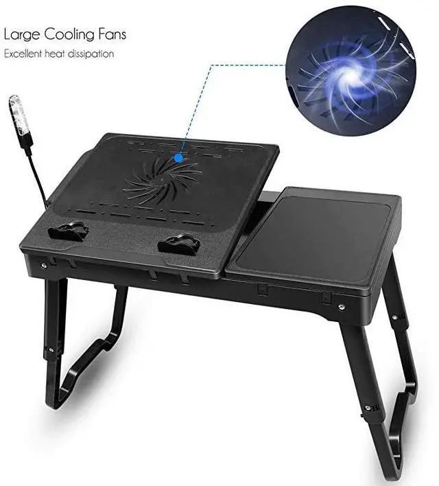 Alt view image 4 of 7 - Laptop Table for Bed-Multi-Functional Laptop Bed Table Tray with Internal Cooling Fan & 2 Independent Laptop Stands-Foldable & 3 Different Height Laptop Desk-LED Lamp-4 Port USB
