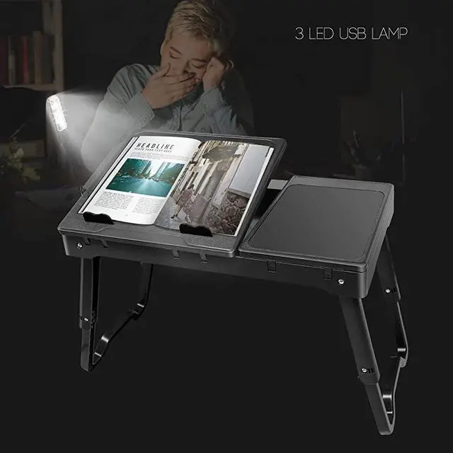 Alt view image 5 of 7 - Laptop Table for Bed-Multi-Functional Laptop Bed Table Tray with Internal Cooling Fan & 2 Independent Laptop Stands-Foldable & 3 Different Height Laptop Desk-LED Lamp-4 Port USB