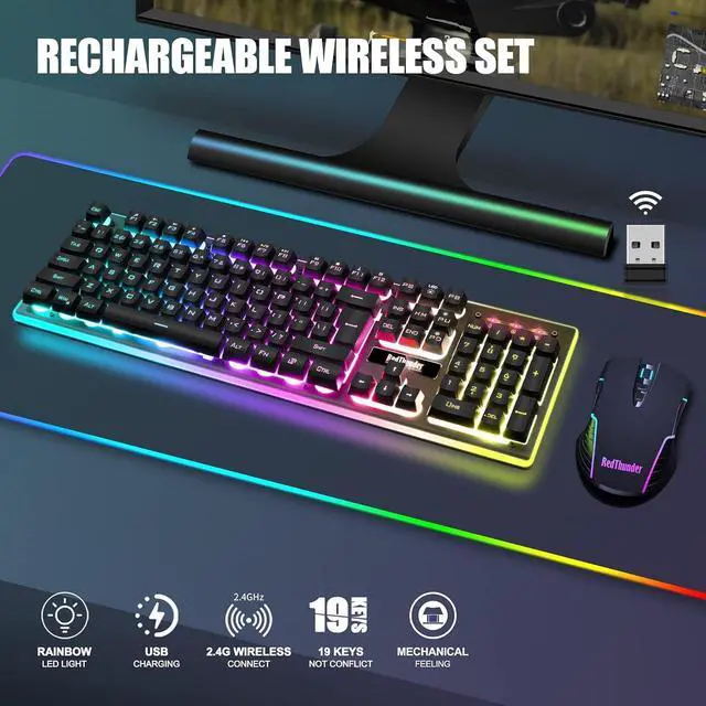 Alt view image 2 of 7 - K10 Wireless Gaming Keyboard and Mouse Combo LED Backlit Rechargeable 3800mAh Battery Mechanical Feel Anti-ghosting Keyboard + 7D 3200DPI Mice for PC Gamer (Black)