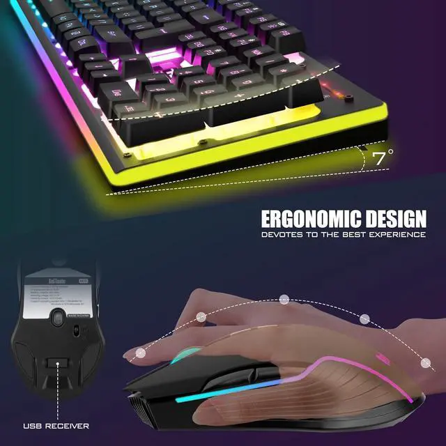 Alt view image 5 of 7 - K10 Wireless Gaming Keyboard and Mouse Combo LED Backlit Rechargeable 3800mAh Battery Mechanical Feel Anti-ghosting Keyboard + 7D 3200DPI Mice for PC Gamer (Black)