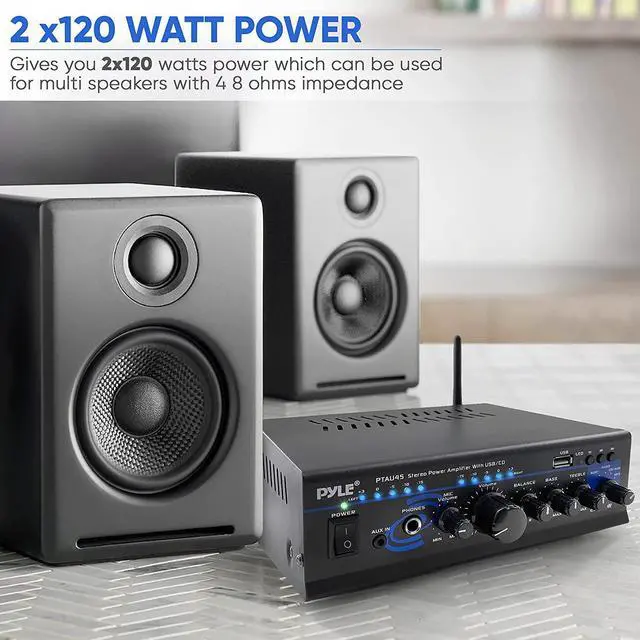 Alt view image 3 of 7 - for Home Bluetooth Audio Power Amplifier 2X120 Watt - Portable 2 Channel Surround Sound Stereo Receiver w/ USB - Amplified Subwoofer Speaker, CD DVD, MP3, iPhone, Phone, Theater, PA System