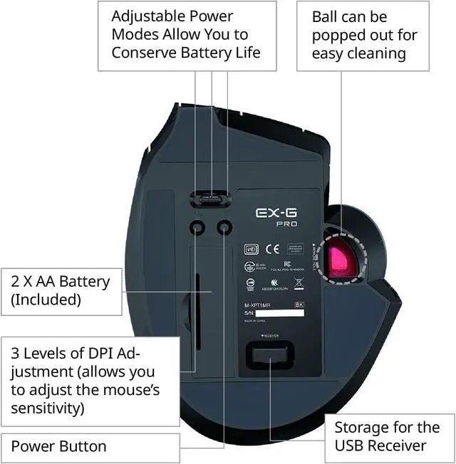 Alt view image 7 of 7 - Good Product Outlet Wired / Wireless / Bluetooth Thumb-Operated Trackball Mouse, 8-Button Function with Smooth Tracking, Precision Optical Gaming Sensor (M-XPT1MRXBK) , black