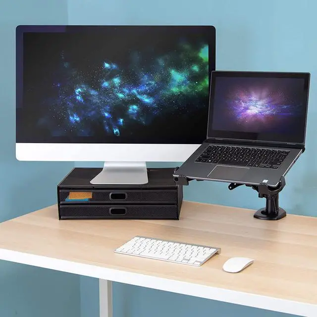 Alt view image 6 of 7 - MOUNT-IT! VESA Laptop Tray [11-17 Computers] Clamp On Notebook Holder Arm for VESA Compatible Mounts with Safety Strap and Safety Ledge Stopper (Black)