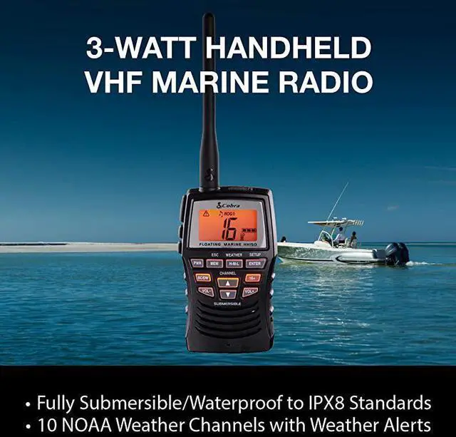 Alt view image 4 of 4 - Marine Radio MR HH150 FLT 3 Watt Floating Long Range Handheld VHF Radio NOAA International Waterproof Submersible Weather Alerts LCD Screen Belt Clip