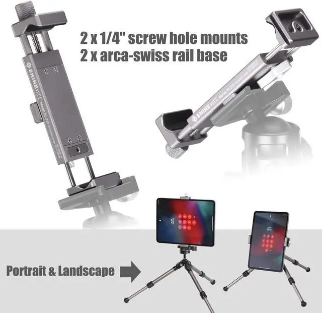 Alt view image 4 of 7 - Metal iPad Holder for Tripod Mount 1/4 Screw Acra/RRS Rail Plate Mounts Fits iPad 1 2 3 4 5 Mini Air Pro Universal Tablet iPad Clamp Holder Stablizer Adapter