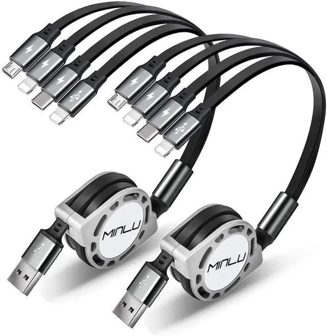 Main image of Minlu 4Ft/1.2M Multi Retractable Fast Charger Cord 4A 4-in-1 Charging Cable with Dual Phone/Type C/Micro USB Port Adapter for Phone/Huawei/Samsung Galaxy/Pixel/Sony/LG/Tablets(2Pack/Gray)