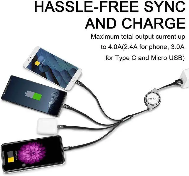 Alt view image 3 of 7 - Minlu 4Ft/1.2M Multi Retractable Fast Charger Cord 4A 4-in-1 Charging Cable with Dual Phone/Type C/Micro USB Port Adapter for Phone/Huawei/Samsung Galaxy/Pixel/Sony/LG/Tablets(2Pack/Gray)