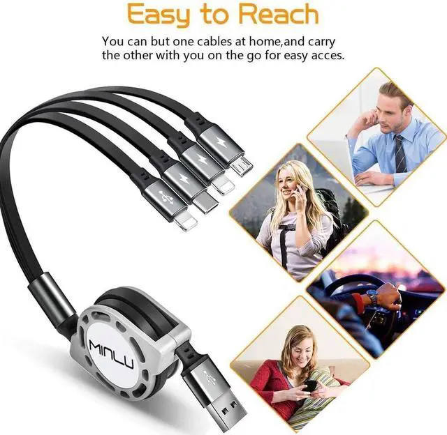 Alt view image 7 of 7 - Minlu 4Ft/1.2M Multi Retractable Fast Charger Cord 4A 4-in-1 Charging Cable with Dual Phone/Type C/Micro USB Port Adapter for Phone/Huawei/Samsung Galaxy/Pixel/Sony/LG/Tablets(2Pack/Gray)