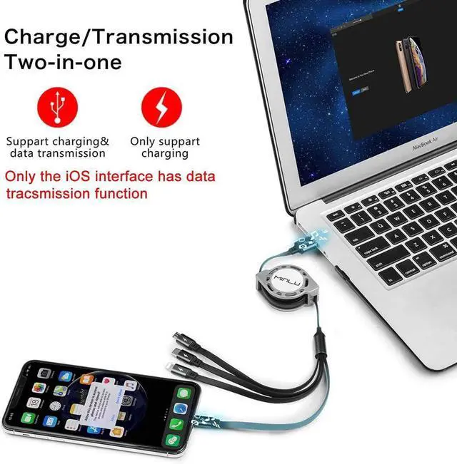 Alt view image 2 of 7 - Minlu 4Ft/1.2M Multi Retractable Fast Charger Cord 4A 4-in-1 Charging Cable with Dual Phone/Type C/Micro USB Port Adapter for Phone/Huawei/Samsung Galaxy/Pixel/Sony/LG/Tablets(2Pack/Gray)