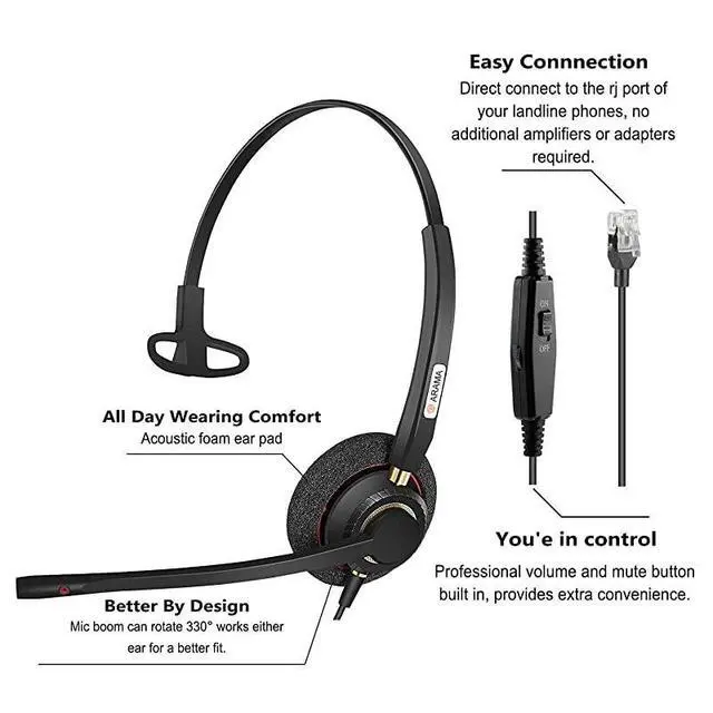 Alt view image 2 of 7 - Phone Headsets RJ9 with Noise Cancelling Mic Compatible with Polycom VVX311 VVX410 VVX411 VVX500 Mitel 5320e Avaya 1408 1416 5410 ShoreTel 230 420 480 NEC Landline Phones A800S