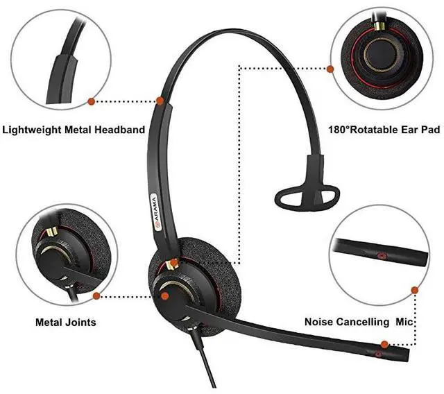 Alt view image 5 of 7 - Phone Headsets RJ9 with Noise Cancelling Mic Compatible with Polycom VVX311 VVX410 VVX411 VVX500 Mitel 5320e Avaya 1408 1416 5410 ShoreTel 230 420 480 NEC Landline Phones A800S