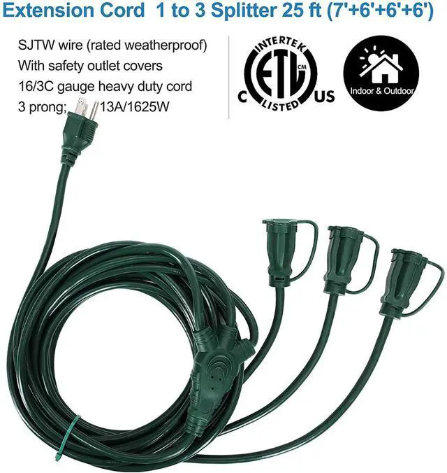 Alt view image 2 of 7 - Outdoor Extension Cord 1 to 3 Splitter 3 Prong Outlets Plugs Max 13ft End to End (25 FT Total) 16/3C SJTW Weatherproof Wire for Landscape String Lights ETL Listed