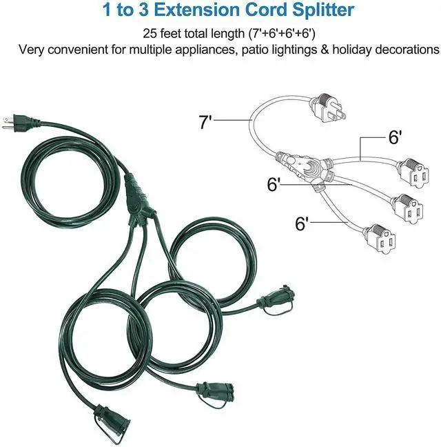 Alt view image 3 of 7 - Outdoor Extension Cord 1 to 3 Splitter 3 Prong Outlets Plugs Max 13ft End to End (25 FT Total) 16/3C SJTW Weatherproof Wire for Landscape String Lights ETL Listed