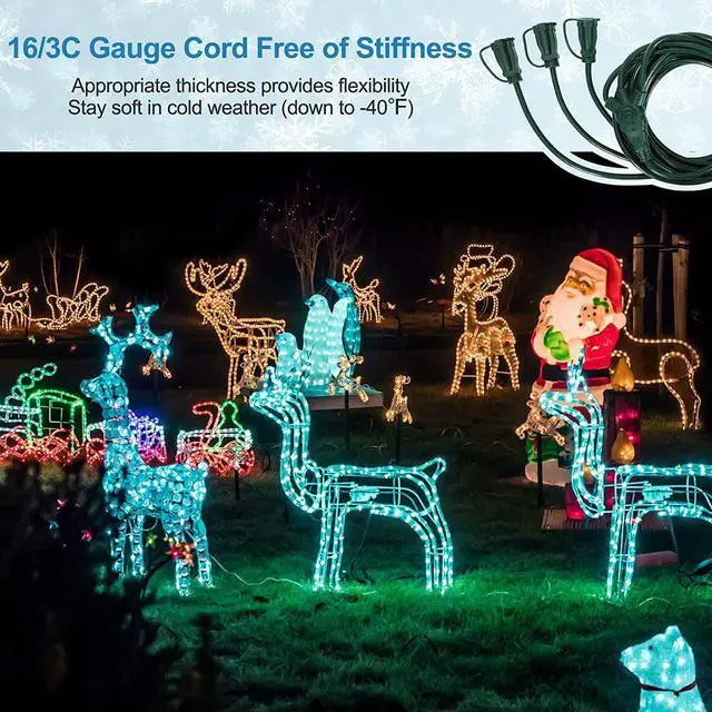 Alt view image 7 of 7 - Outdoor Extension Cord 1 to 3 Splitter 3 Prong Outlets Plugs Max 13ft End to End (25 FT Total) 16/3C SJTW Weatherproof Wire for Landscape String Lights ETL Listed