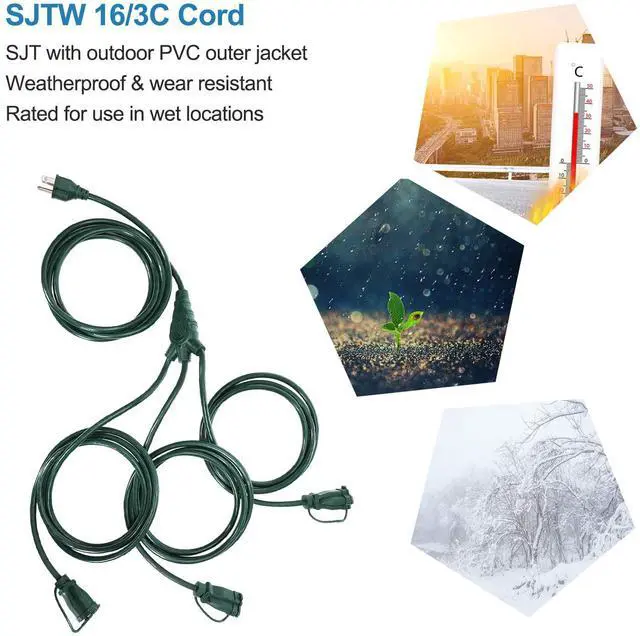 Alt view image 4 of 7 - Outdoor Extension Cord 1 to 3 Splitter 3 Prong Outlets Plugs Max 13ft End to End (25 FT Total) 16/3C SJTW Weatherproof Wire for Landscape String Lights ETL Listed