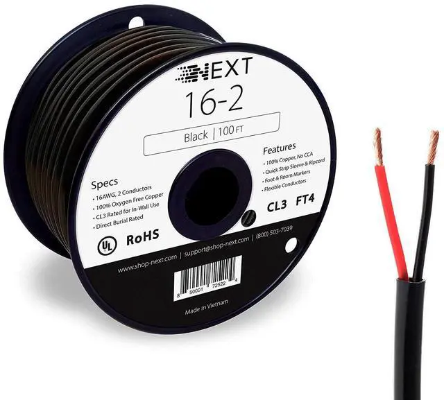 Main image of FOR Next 16/2 Speaker Wire - 16 AWG/Gauge 2 Conductor - UL Listed in Wall (CL2/CL3) and Outdoor/In Ground (Direct Burial) Rated - Oxygen-Free Copper (OFC) - 100 Foot Spool - Black