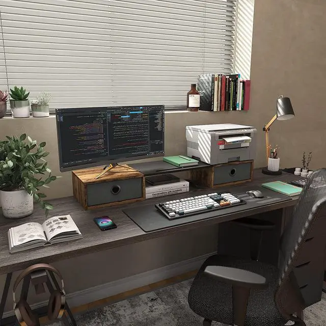 Alt view image 3 of 7 - FOR-Monitor Stand Riser with Two Drawers Computer Desk Organizer for Laptop Computer Printer TV