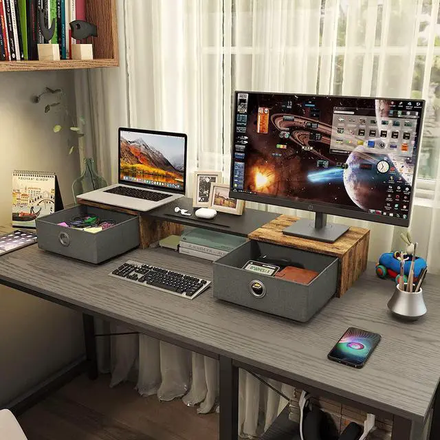 Alt view image 4 of 7 - FOR-Monitor Stand Riser with Two Drawers Computer Desk Organizer for Laptop Computer Printer TV