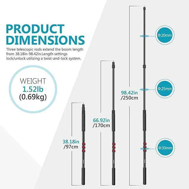 Alt view image 3 of 7 - Portable 3 Sections Stretchable Handheld Microphone Boom Pole with Standard 58 inch27 Threads and Adjustable Length from 3 feet to 8 feet NW7000