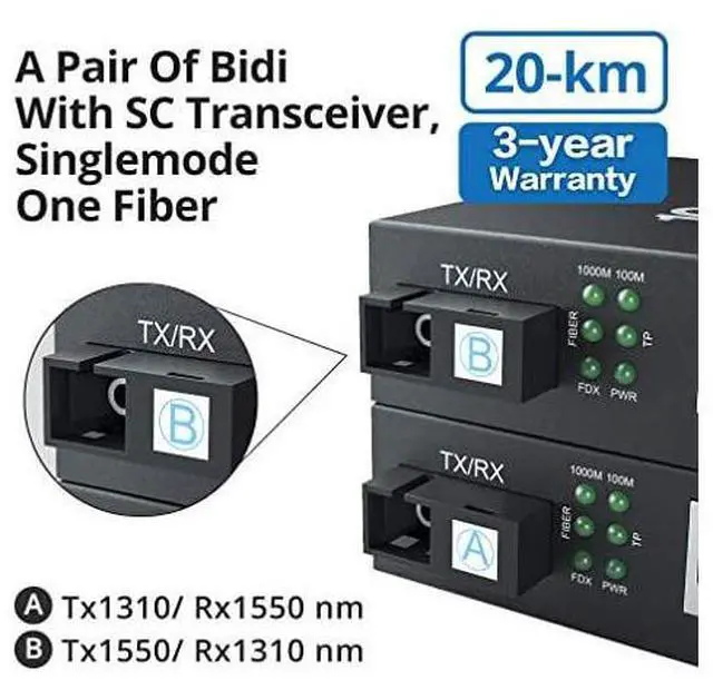 Alt view image 2 of 7 - FOR-Pir of Gigbit Ethernet Bidi MediConverter Single SC Fiber Connector singlemode 1310nm 20km