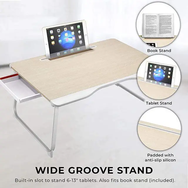 Alt view image 3 of 6 - Mega Table [XXL Extra Large - Premium Build] Folding Bed Desk, Lap Desk & Laptop Table | Drawer, Book Stand, Lots of Leg Space (White Oak)