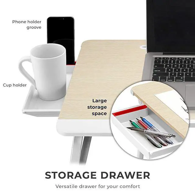 Alt view image 4 of 6 - Mega Table [XXL Extra Large - Premium Build] Folding Bed Desk, Lap Desk & Laptop Table | Drawer, Book Stand, Lots of Leg Space (White Oak)