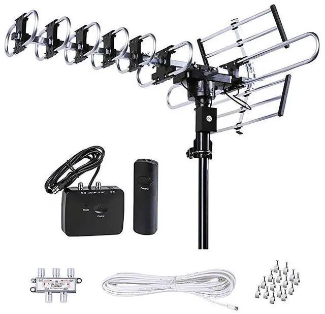Main image of Outdoor HD TV Antenna Strongest Up to 200 Miles Long Range with Motorized 360 Degree Rotation UHFVHFFM Radio with Infrared Remote Control Advanced Design Plus Installation Kit