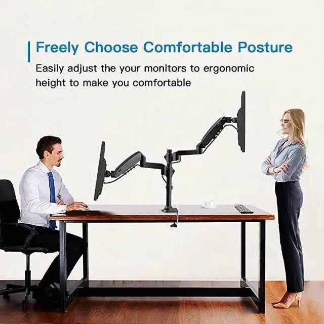 Alt view image 2 of 7 - for  Monitor Stand Height Adjustable Gas Spring Double Arm Monitor Mount Desk Stand Fit Two 17 to 32 inch Screens with Clamp Grommet Mounting Base Each Arm Hold up to 198lbs