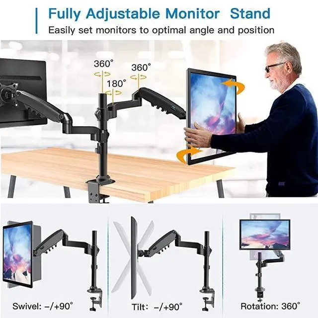Alt view image 4 of 7 - for  Monitor Stand Height Adjustable Gas Spring Double Arm Monitor Mount Desk Stand Fit Two 17 to 32 inch Screens with Clamp Grommet Mounting Base Each Arm Hold up to 198lbs