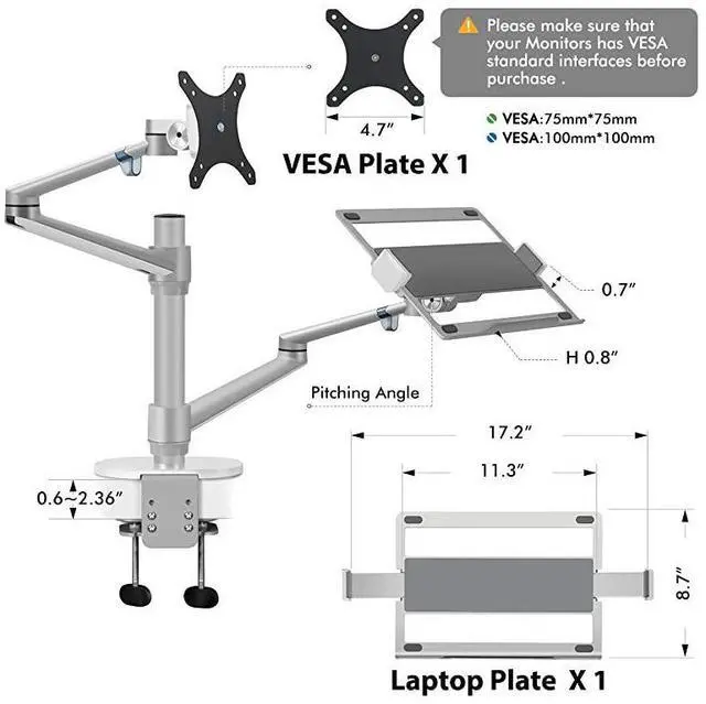 Alt view image 3 of 7 - for  Monitor and Laptop Mount 2in1 Adjustable Dual Arm Desk Mounts Single Desk Arm StandHolder for 17 to 32 Inch LCD Computer Screens Extra Tray Fits 12 to 17 inch Laptops Silver