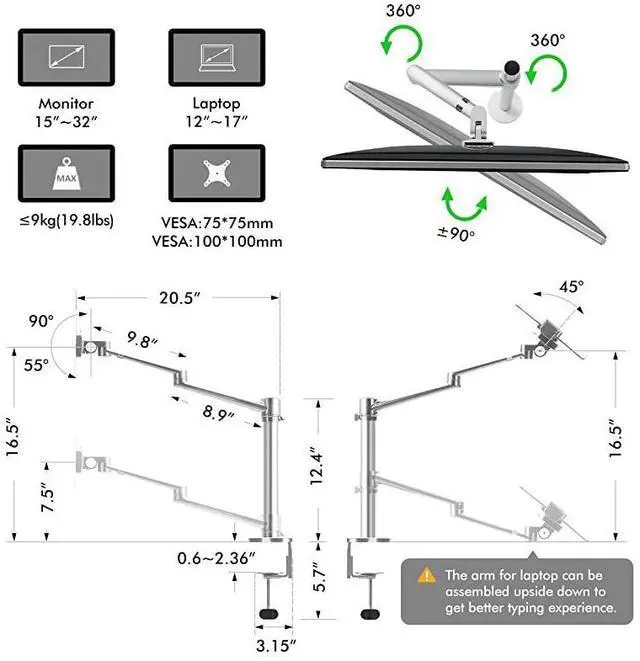 Alt view image 4 of 7 - for  Monitor and Laptop Mount 2in1 Adjustable Dual Arm Desk Mounts Single Desk Arm StandHolder for 17 to 32 Inch LCD Computer Screens Extra Tray Fits 12 to 17 inch Laptops Silver