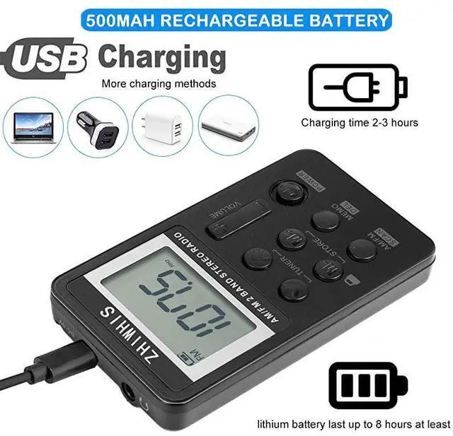 Alt view image 3 of 7 - FOR-Portable Radio AM FM Mini Transistor Rechargeable Battery Personal Digital Tuning Stereo Pocket Walkmen Radios with Shutdown Memory and Earphone amp MultiFunction Lanyard for Walking Travel