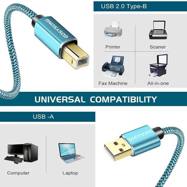 Alt view image 2 of 7 - Printer Cable 30FT USB Printer Cord 2.0 Type A Male to B Male Cable Scanner Cord High Speed Compatible with HP Canon Dell Epson Lexmark Xerox Samsung and More (Blue)