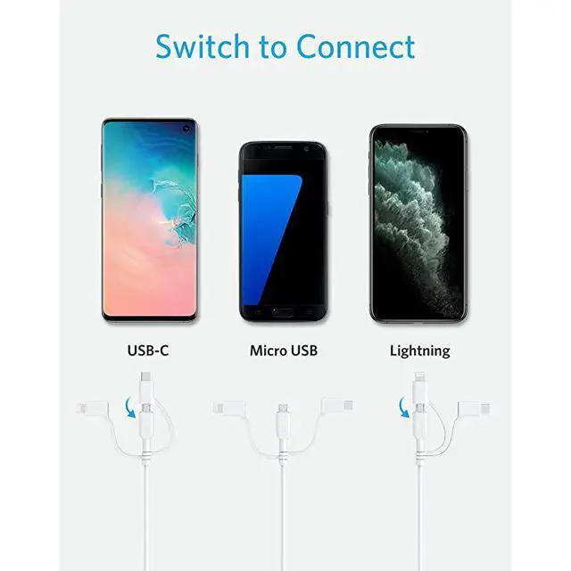 Alt view image 3 of 7 - Powerline II 3in1 Cable LightningType CMicro USB Cable for iPhone iPad Huawei HTC LG Samsung Galaxy Sony Xperia Android Smartphones and More3ft White