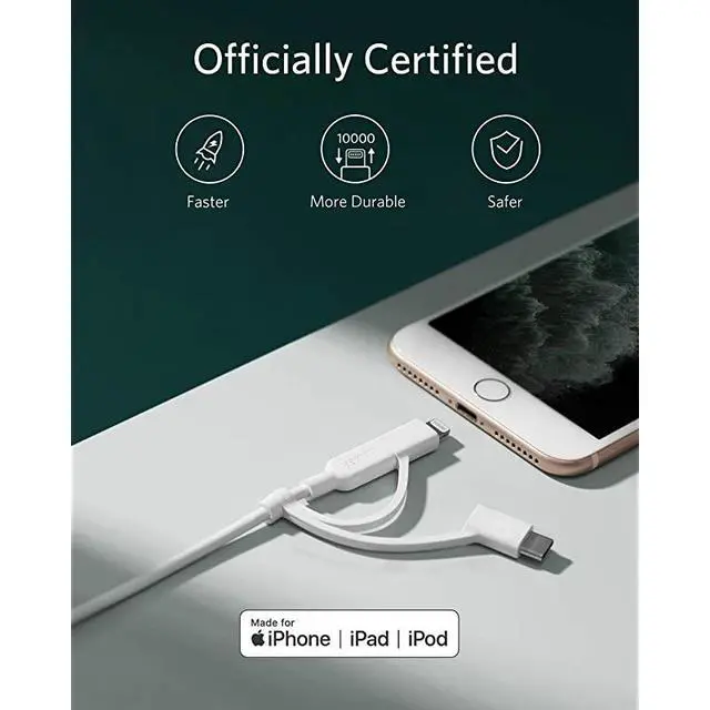 Alt view image 5 of 7 - Powerline II 3in1 Cable LightningType CMicro USB Cable for iPhone iPad Huawei HTC LG Samsung Galaxy Sony Xperia Android Smartphones and More3ft White