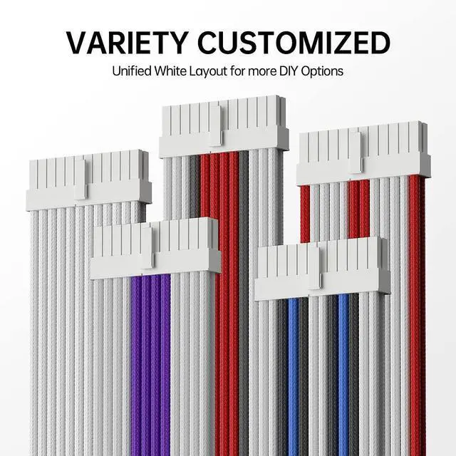 Alt view image 7 of 7 - Power Supply Sleeved Cable 16 AWG PSU Extension Cable Kit of White Connector 1x24Pin/2x4+4 EPS/3x6+2 PCI-E 30cm Length with Combs-White