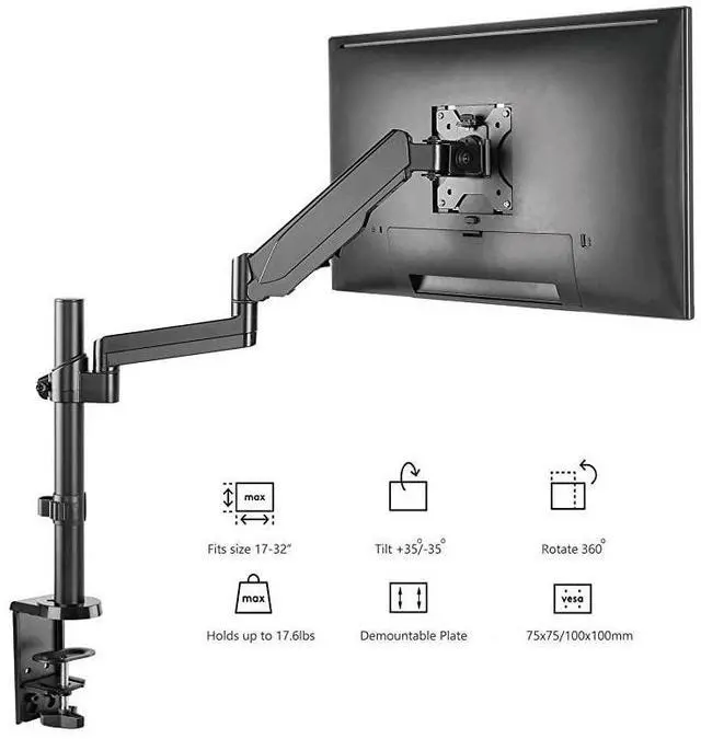 Alt view image 3 of 7 - FOR-Premium Single LCD Monitor Desk Mount Fully Adjustable Gas Spring Stand for One Screen up to 32 inch 176lbs Weight Capacity GSDM001 Black