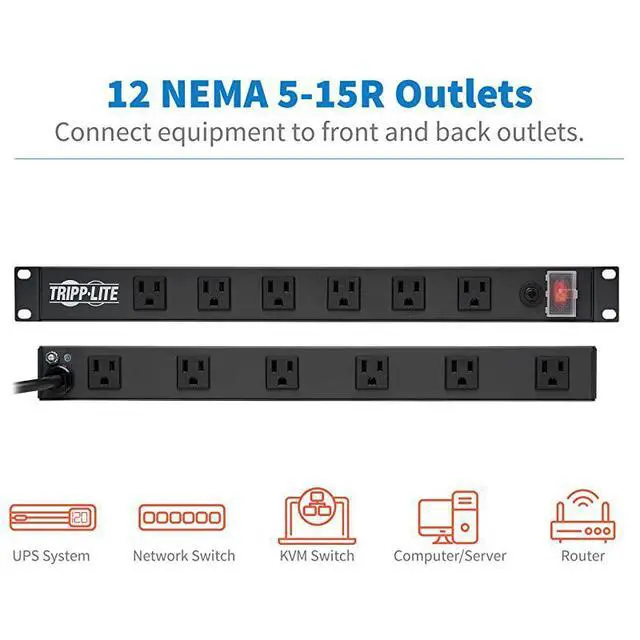 Alt view image 6 of 7 - RS1215-RA Rackmount Network-Grade PDU Power Strip, 12 Right Angle Outlets Wide-Spaced, 15A, 15ft Cord w/ 5-15P Plug,, Black