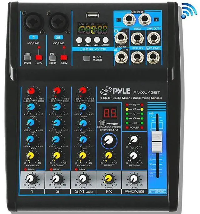 Main image of Professional Audio Mixer Sound Board Console System Interface 4 Channel Digital USB Bluetooth MP3 Computer Input 48V Phantom Power Stereo DJ Studio Streaming FX 16Bit DSP processorPMXU43BT