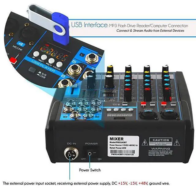 Alt view image 3 of 5 - Professional Audio Mixer Sound Board Console System Interface 4 Channel Digital USB Bluetooth MP3 Computer Input 48V Phantom Power Stereo DJ Studio Streaming FX 16Bit DSP processorPMXU43BT