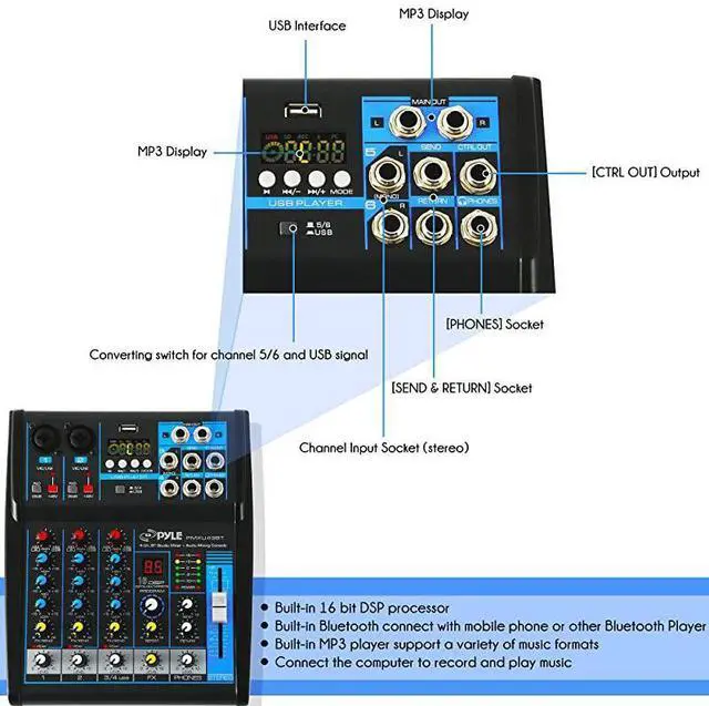 Alt view image 4 of 5 - Professional Audio Mixer Sound Board Console System Interface 4 Channel Digital USB Bluetooth MP3 Computer Input 48V Phantom Power Stereo DJ Studio Streaming FX 16Bit DSP processorPMXU43BT