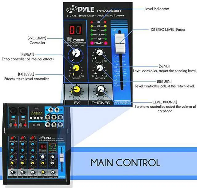 Alt view image 5 of 7 - Professional Audio Mixer Sound Board Console System Interface 4 Channel Digital USB Bluetooth MP3 Computer Input 48V Phantom Power Stereo DJ Studio Streaming FX 16Bit DSP processorPMXU43BT